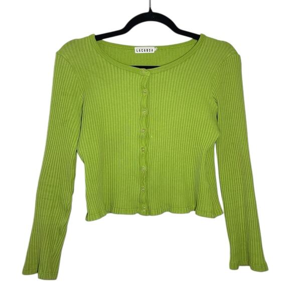 LACAUSA Bright Lime Green Ribbed Knit Stretch Lucy Crop Cardigan Small - Picture 1 of 12